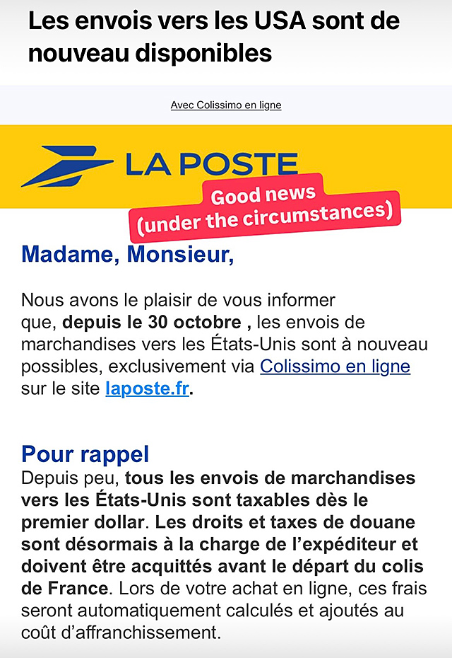 La Poste Announcement USA tariffs Colissimo Up And Running Again