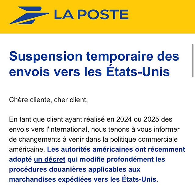 Temporary Suspension for shipments to the USA using the National Postal Service